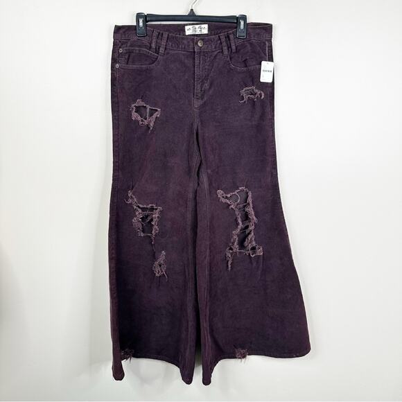 NEW Free People Night Fever Cord Flare Jeans Womens 31 Distressed High Rise - Picture 2 of 11